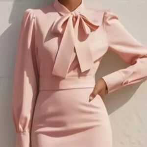 Women's Solid Color Bow Neck Long Sleeve Waisted Midi Dress