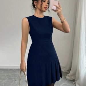 Women's Sleeveless Navy Blue Pleated Hem Pencil Dress
