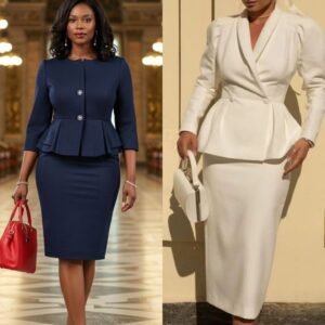 buttoned peplum top with skirt