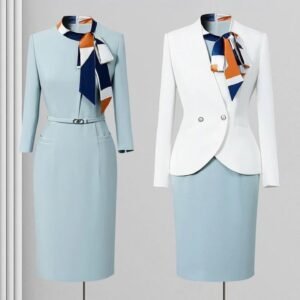 classy blue dress paired with a white suit and a scarf