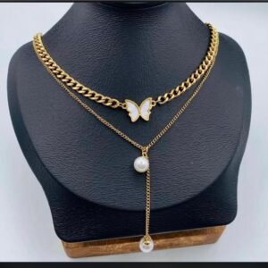 Gold Butterfly and Pearl Layered Chain Necklace – Elegant Charm Collection