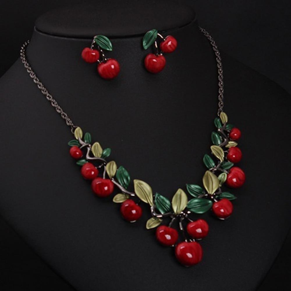 Cherry Bloom Enamel Necklace & Earrings