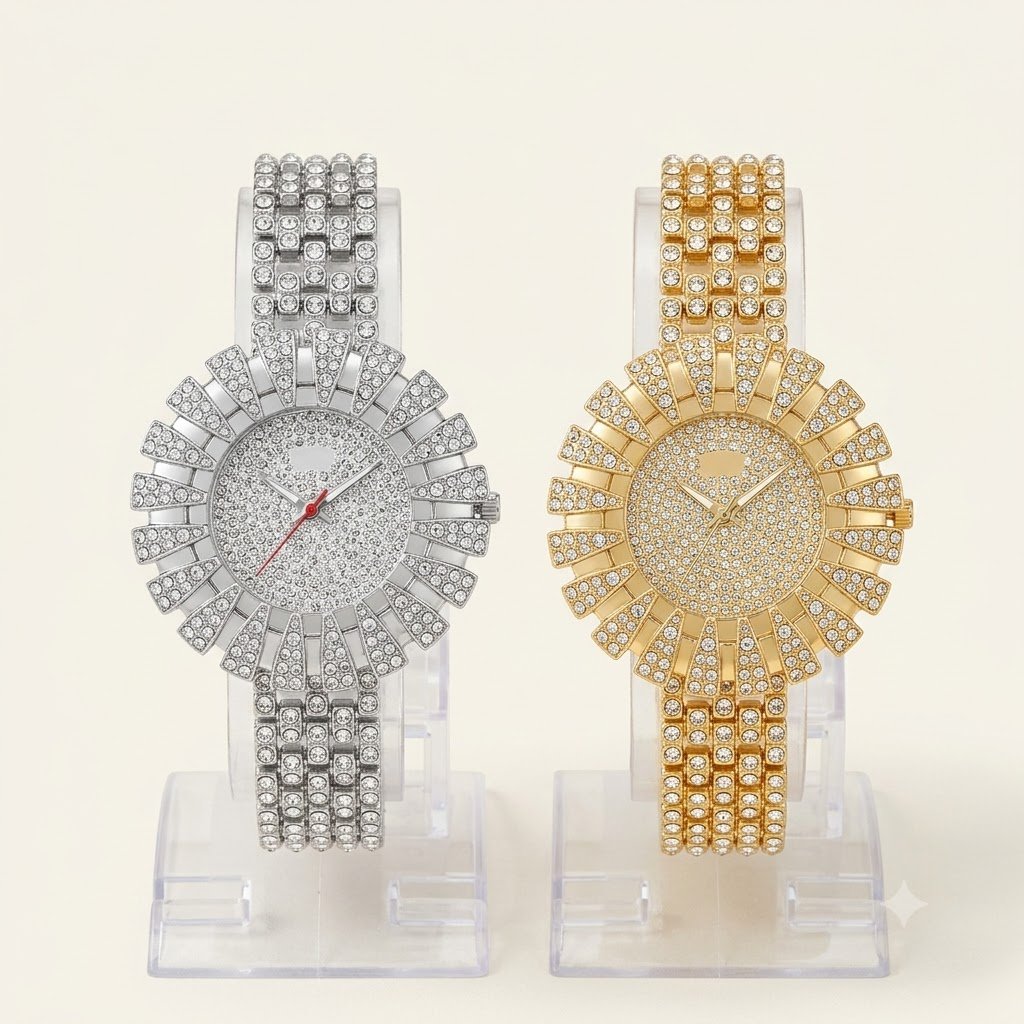 Iced-Out Diamond Women’s Watch – Full Rhinestone Gold & Silver Edition