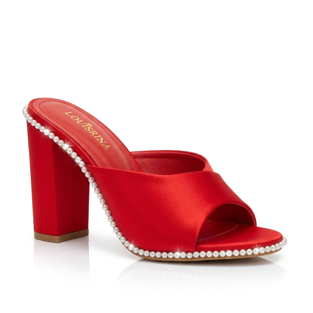 Ladies Red Block Heel Slippers | Elegant Party Heels