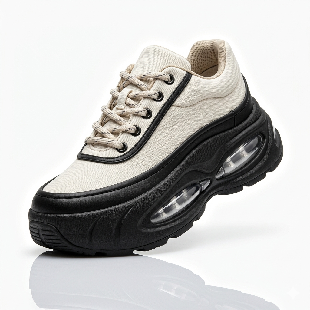 Chunky Beige & Black Sneakers – Trendy Thick-Sole Casual Shoes