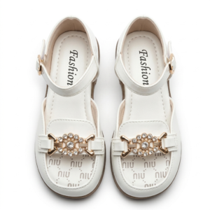 White Girls Fashion Sandals with Gold Stone Buckle | Kids Shoes