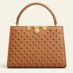 Luxury Studded Structured Top-Handle Handbag – Caramel Brown