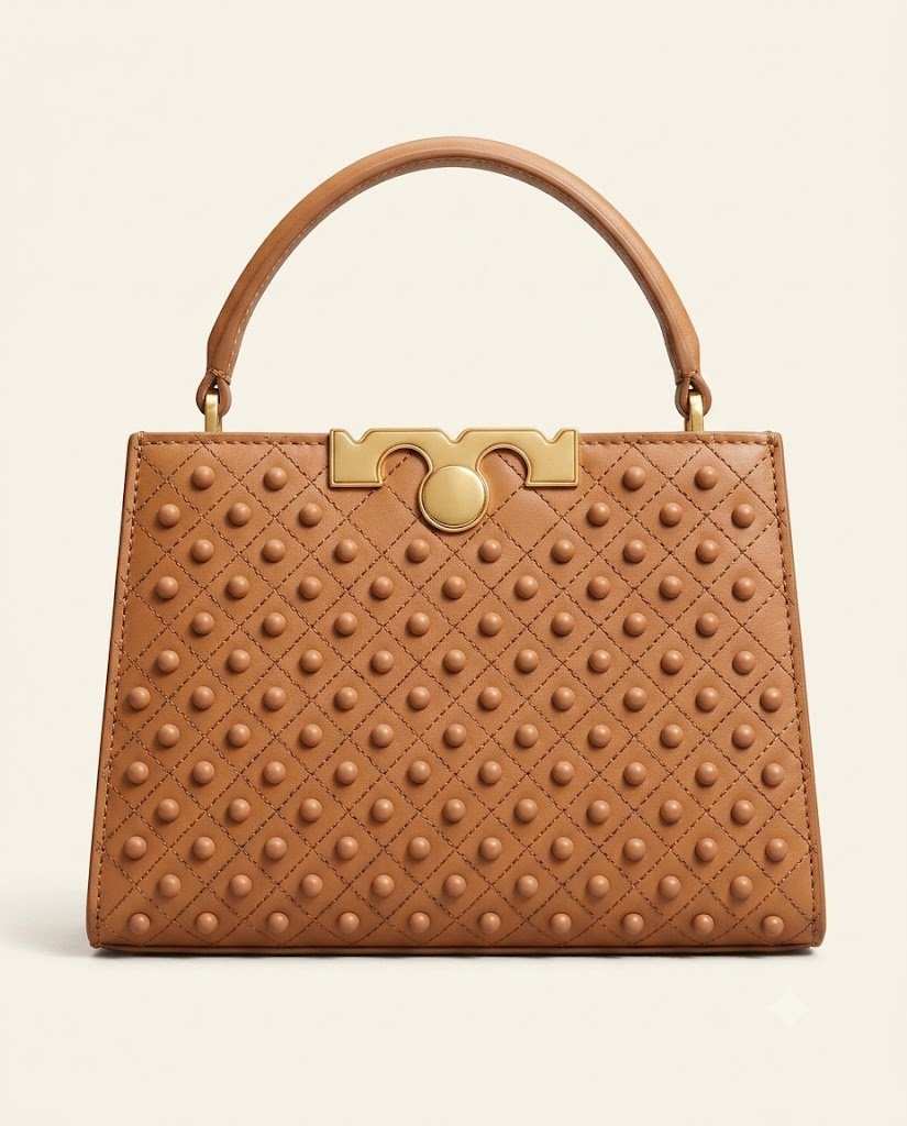 Luxury Studded Structured Top-Handle Handbag – Caramel Brown