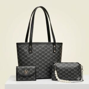 3-in-1 Designer Monogram Tote Bag Set with Crossbody & Mini Pouch (Black)
