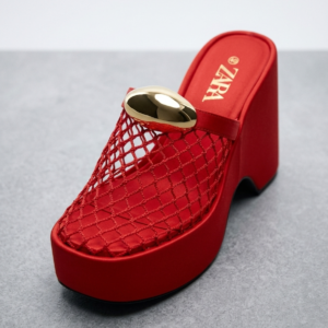 Ladies Red Flat Slippers | Stylish Net Strap Casual Slides