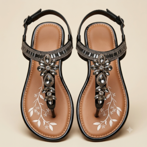 Ladies Black Flat Sandals | Crystal & Beaded Party Sandals