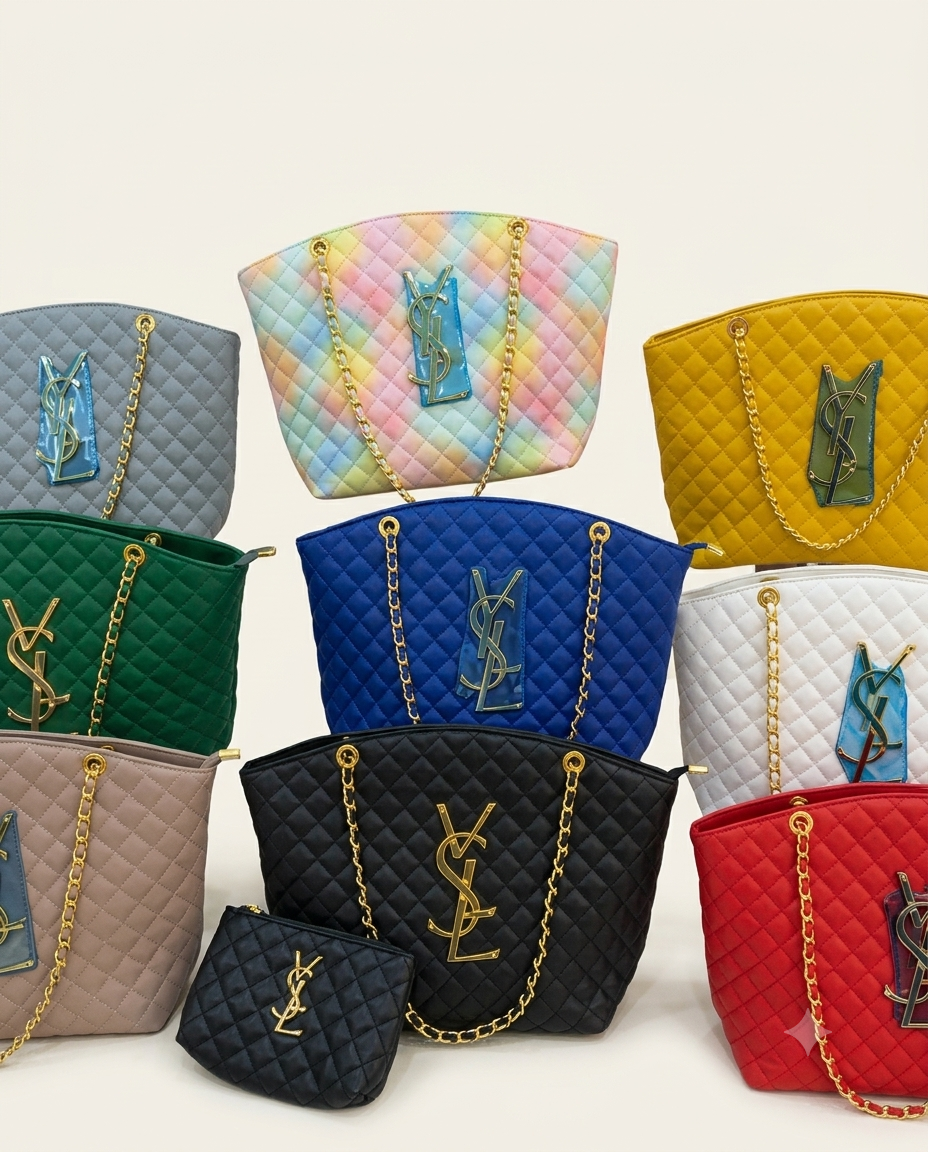Quilted Chain Tote Bag with Gold Monogram & Matching Mini Pouch – Luxury Shopper Edition