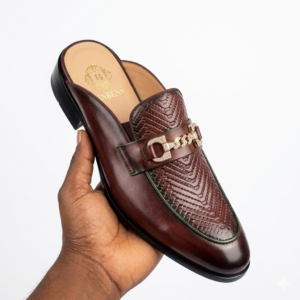 Men's Luxury Brown Leather Mules – Embossed Pattern & Gold Diamond Buckle (Size 42)