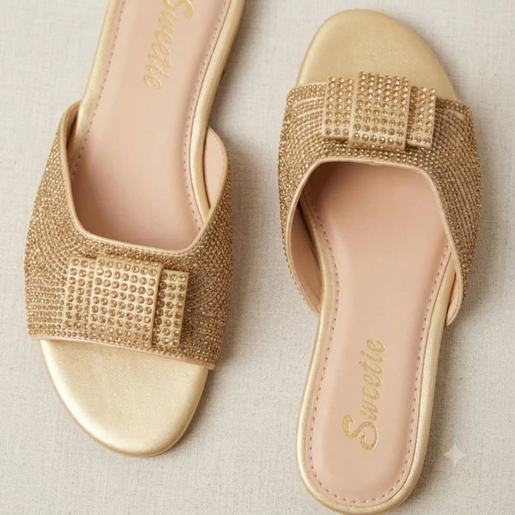 Ladies Gold Flat Slippers | Stylish Studded Casual Slides