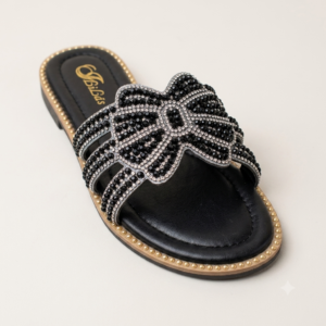 Ladies Black Flat Slippers | Fancy Crystal Bow Slides