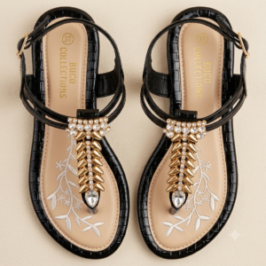 Ladies Black Flat Sandals | Elegant Crystal & Gold Detail Sandals