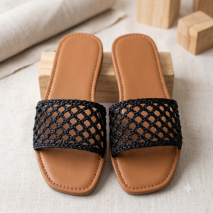 Ladies Flat Slippers | Black Woven Strap Casual Slides