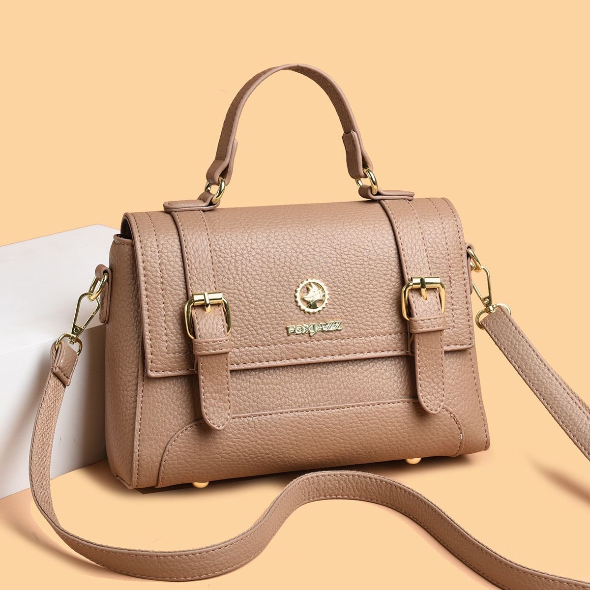 Luxury Pebbled Top-Handle & Crossbody Bag – Soft Taupe