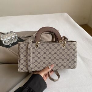 Luxury Monogram Structured Top-Handle Shoulder Bag – Classic Taupe