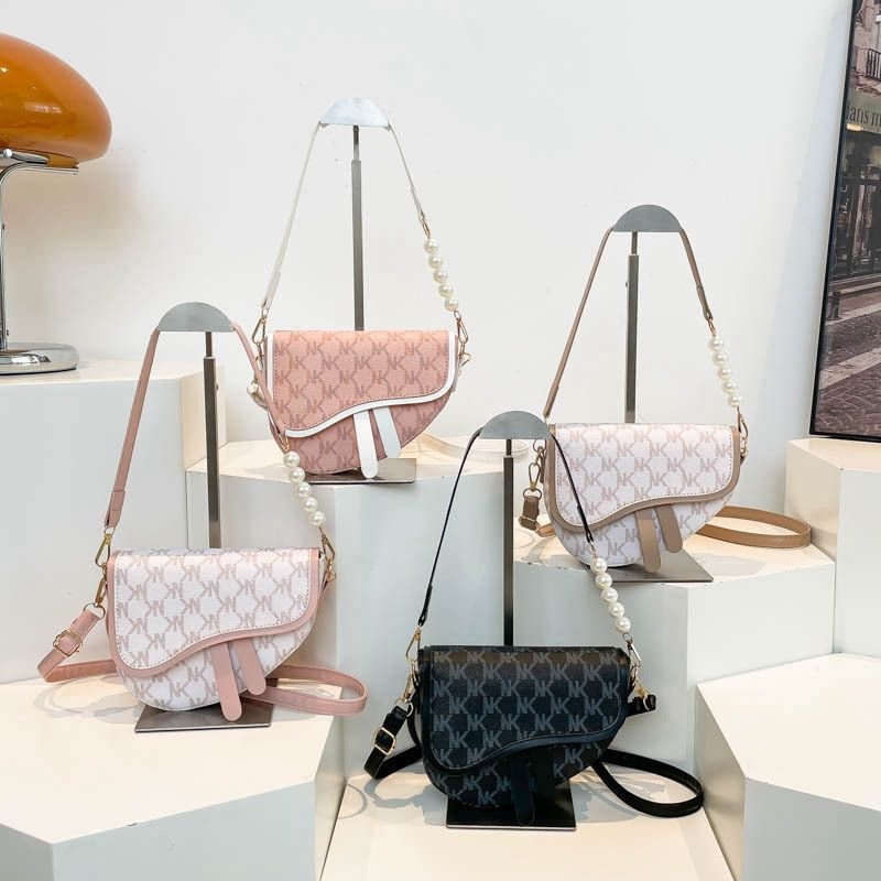 Luxury Monogram Mini Saddle Shoulder Bag – Pearl Strap Edition (Signature Color Collection)