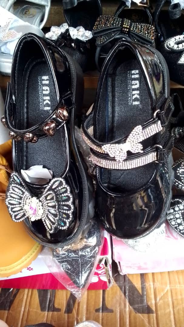 Girls Black Party Shoes | Fancy Bow & Crystal Flat Shoes
