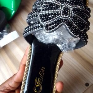 Ladies Black Flat Slippers | Fancy Crystal Bow Slides