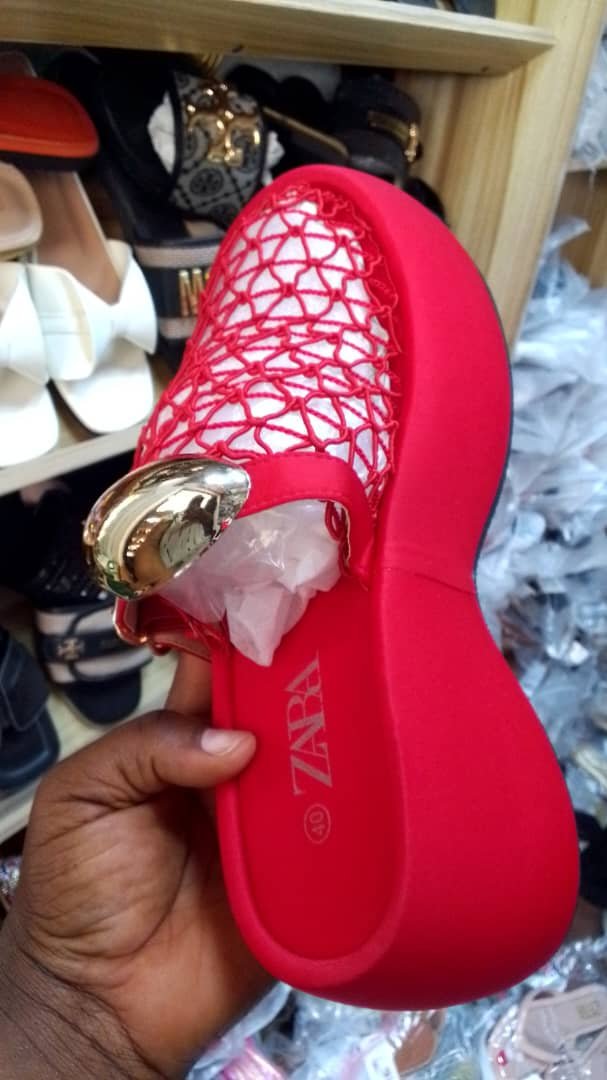 Ladies Red Flat Slippers | Stylish Net Strap Casual Slides