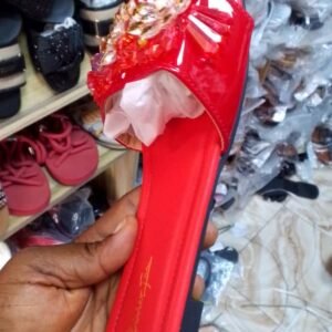 Ladies Red Flat Slippers | Fancy Crystal Party Slides