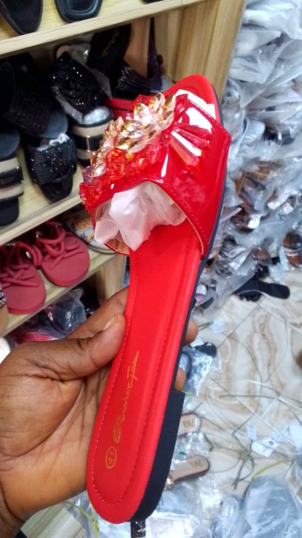 Ladies Red Flat Slippers | Fancy Crystal Party Slides