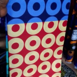 Original Ankara Wax Fabric – Blue, Red & Cream Circle Print (6 Yards)