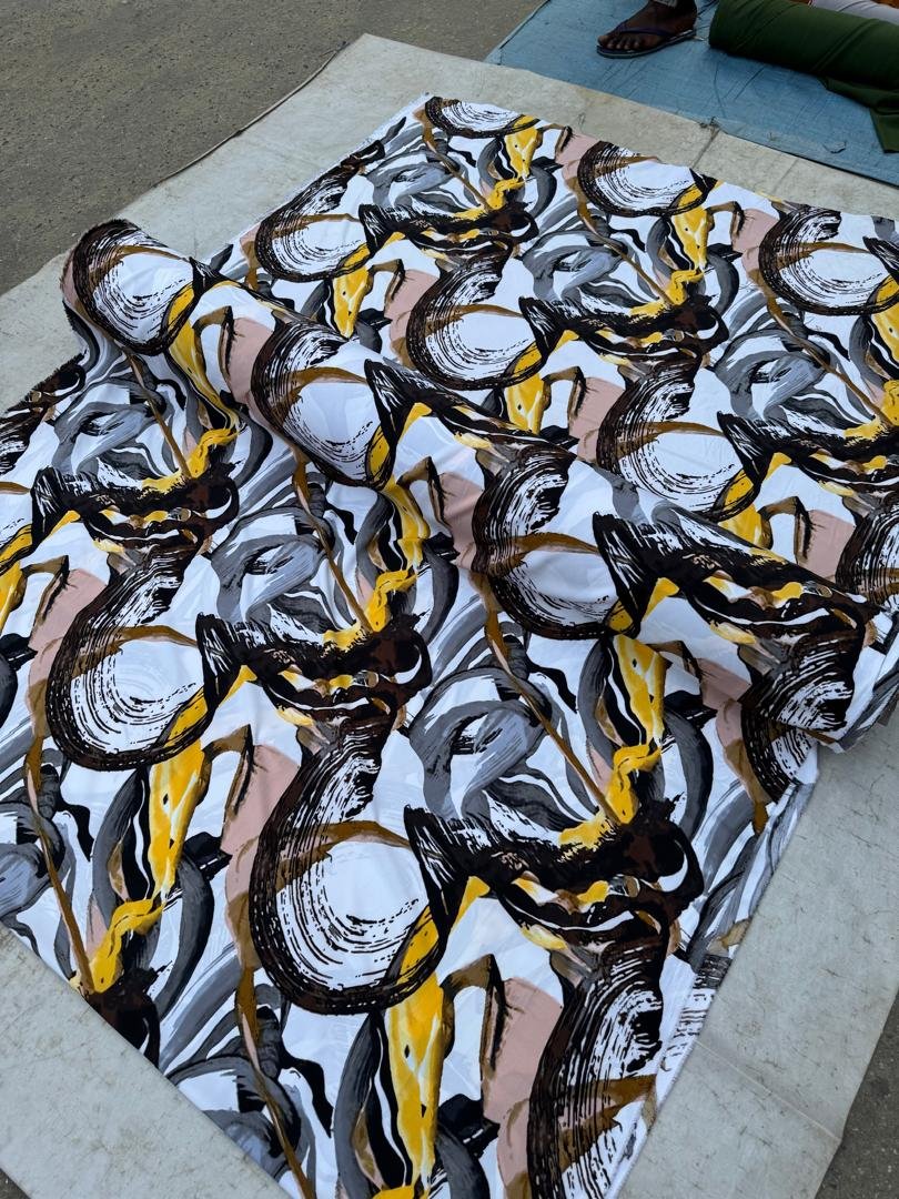 Premium Ankara Fabric – Abstract Brush Print in Black, Gold, Grey & Nude (Original Quality)