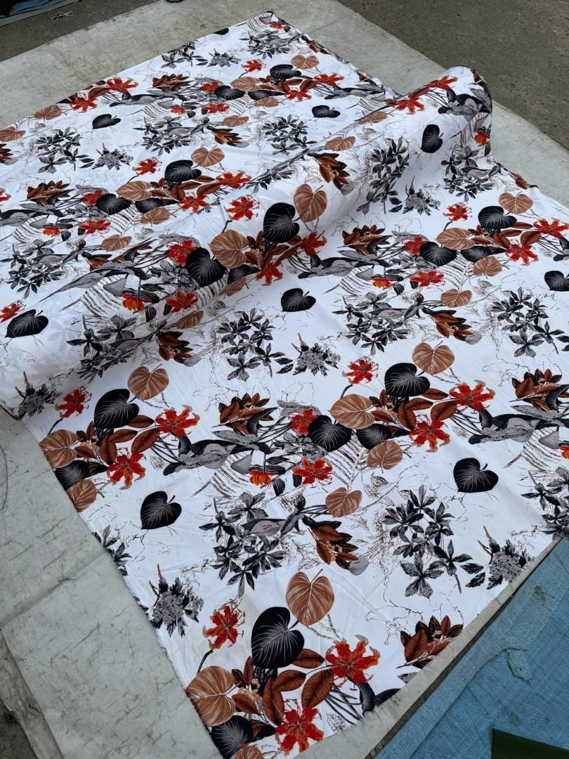Premium Ankara Fabric – White Base Floral & Leaf Print, Original Quality