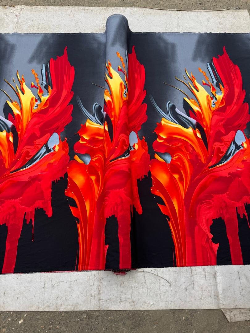 Luxury Ankara Fabric – Red & Orange Abstract Flame Design, Premium Quality