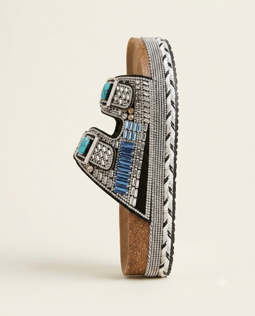 Ladies Platform Slippers | Fancy Double Buckle Crystal Slides