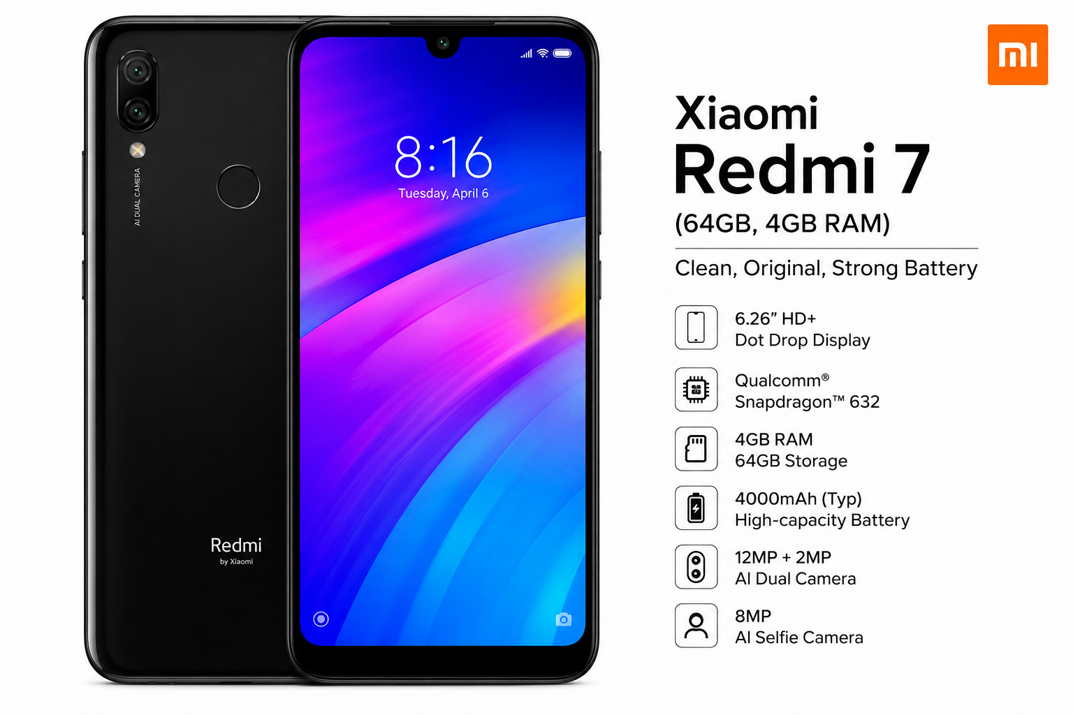 Xiaomi Redmi 7 (64GB, 4GB RAM) – Clean, Original, Strong Battery