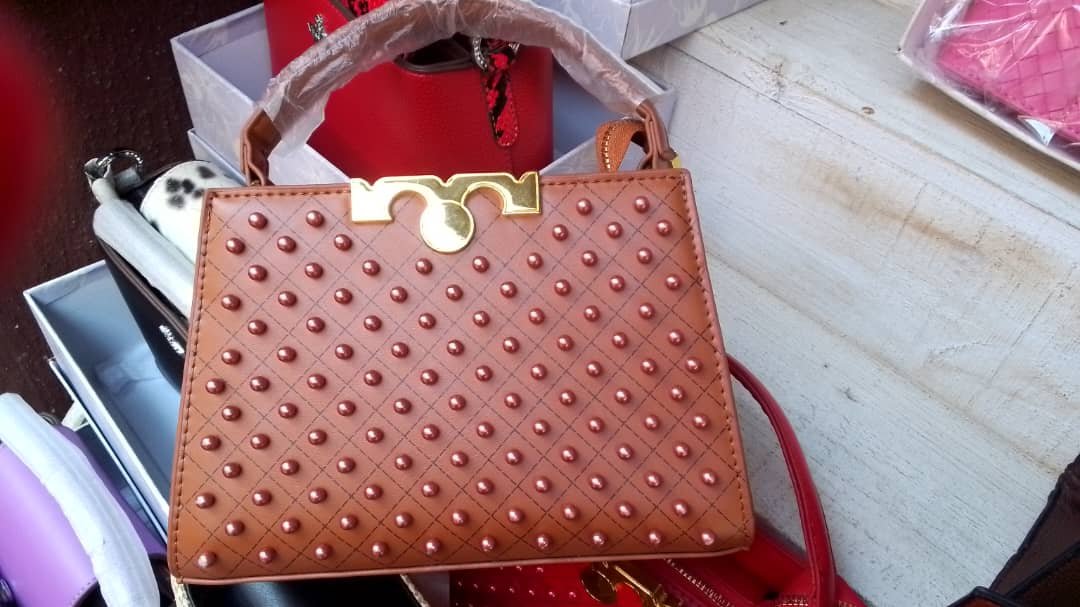 Luxury Studded Structured Top-Handle Handbag – Caramel Brown