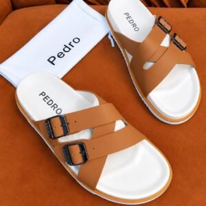 Pedro Dual-Strap Buckle Sandals in Tan and White