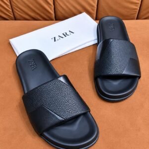 ZARA Mixed-Texture Panel Slide Sandals in Black