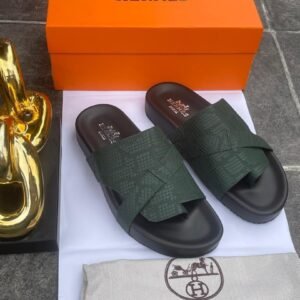 Hermès Textured Cross-Strap Sandals in Green