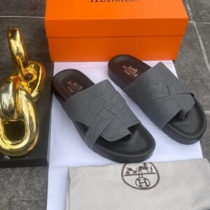 Hermès Textured Cross-Strap Sandals in Grey