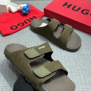 HUGO Double-Strap Suede Slide Sandals in Olive