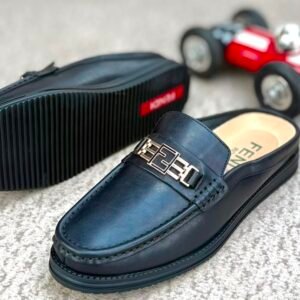 Fendi Black Leather Monogram Buckle Slip-On Mules