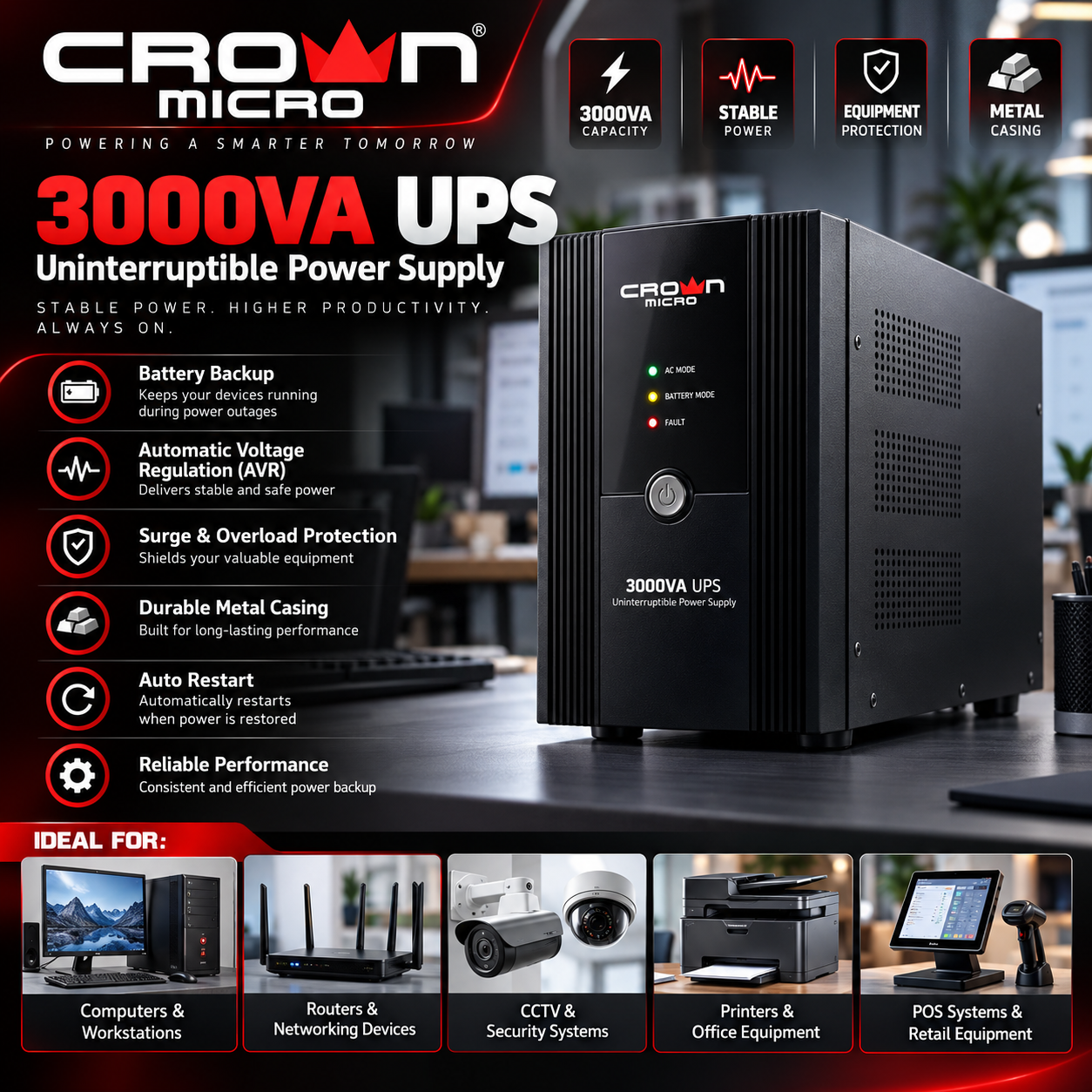 Crown Micro 3000VA (3KVA) Uninterruptible Power Supply (UPS) with Durable Metal Casing – High-Capacity Battery Backup & Reliable Power Protection for Home, Office and Business