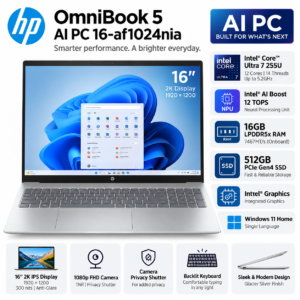 HP OmniBook 5 AI PC 16-af1024nia – Intel Core Ultra 7 255U, 16GB RAM, 512GB SSD, 16" 2K Display