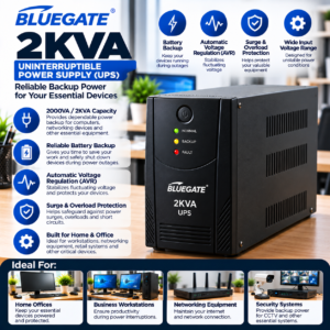 Bluegate 2KVA (2000VA) Uninterruptible Power Supply (UPS) – Reliable Battery Backup, Voltage Protection & Power Backup Solution for Home and Office
