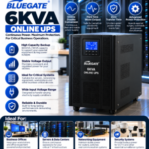 Bluegate 6KVA (6000VA) Online UPS – High-Capacity Uninterruptible Power Supply with Double Conversion Technology, Pure Sine Wave Output & Advanced Power Protection