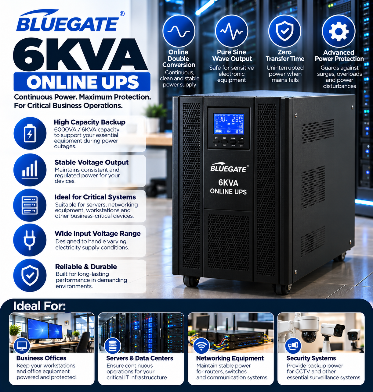 Bluegate 6KVA (6000VA) Online UPS – High-Capacity Uninterruptible Power Supply with Double Conversion Technology, Pure Sine Wave Output & Advanced Power Protection