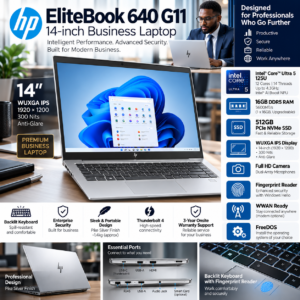 HP EliteBook 640 G11 Business Laptop – Intel Core Ultra 5 125U, 16GB RAM, 512GB SSD, 14" WUXGA Display, FreeDOS