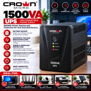 Crown Micro 1500VA (1.5KVA) Uninterruptible Power Supply (UPS) with Durable Plastic Casing – Reliable Battery Backup & Power Protection for Home, Office and Business