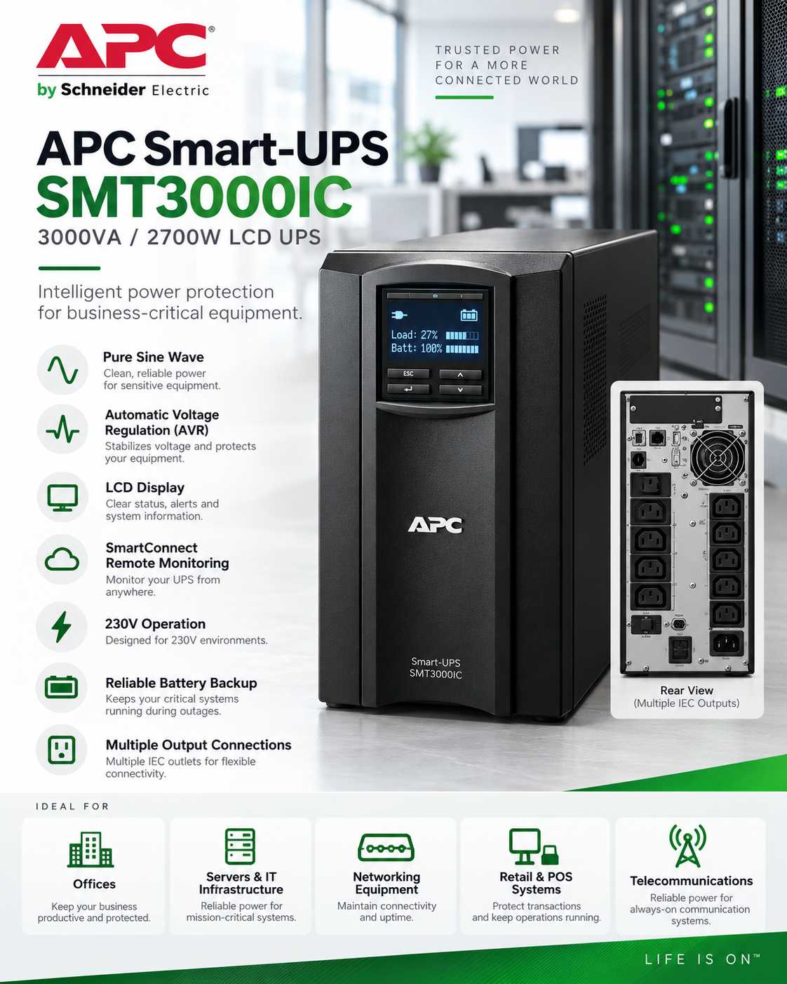 Experience intelligent power protection, reliable battery backup, and advanced remote monitoring with the APC Smart-UPS SMT3000IC 3kVA UPS.